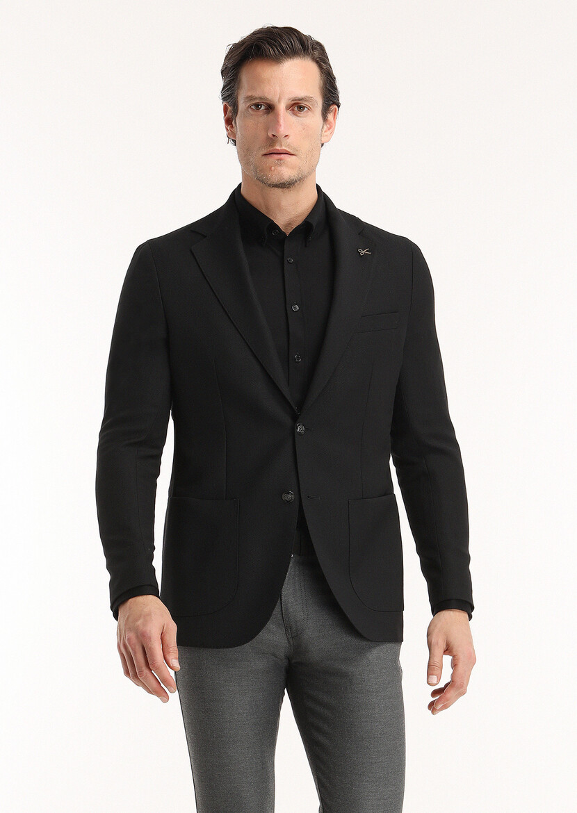 Black Plain Comfort Fit 100% Wool Jacket - 1