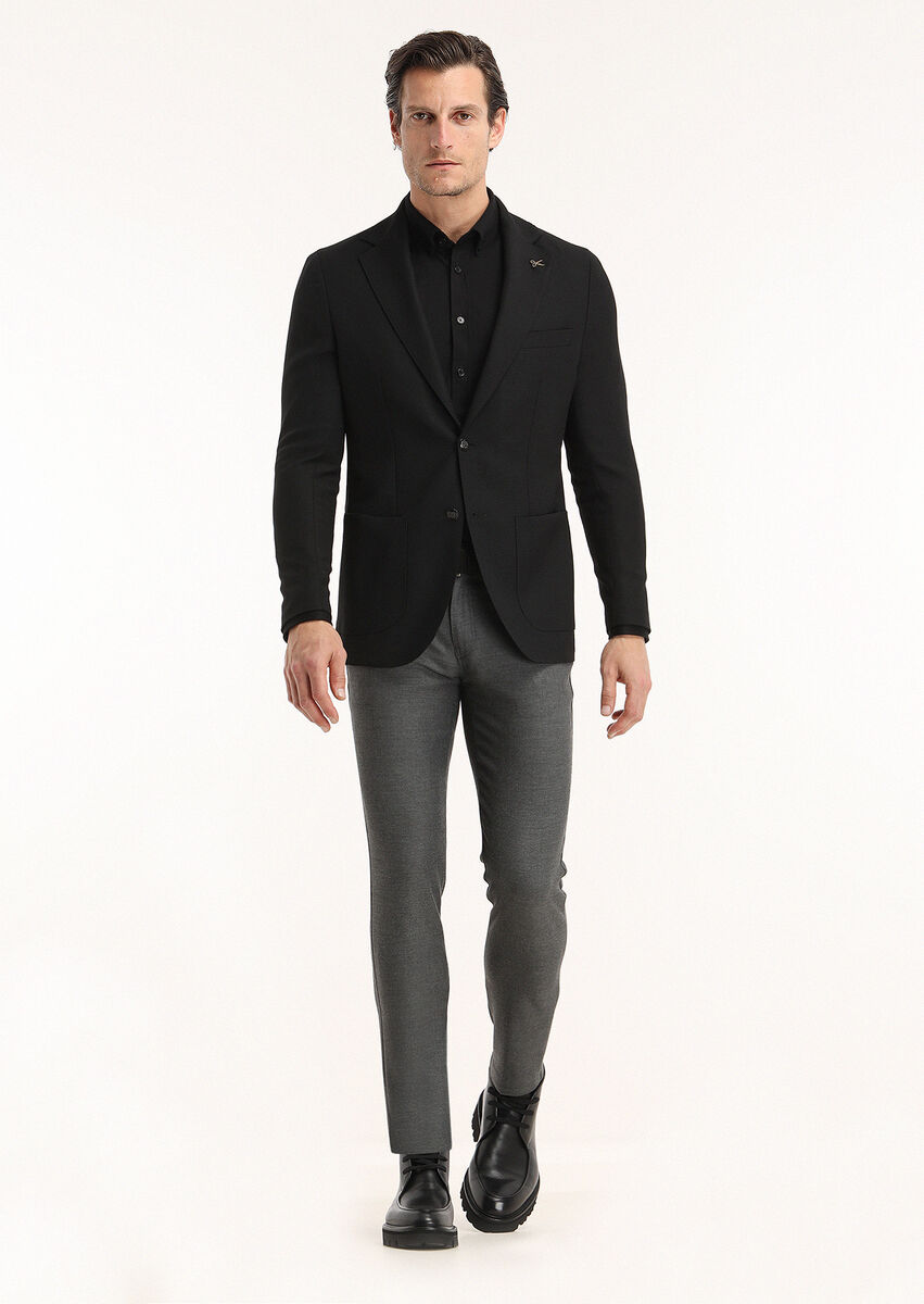 Black Plain Comfort Fit 100% Wool Jacket - 4