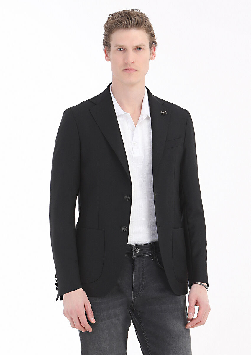 Black Plain Comfort Fit 100% Wool Jacket - 1