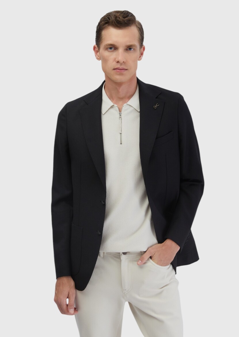 Black Plain Comfort Fit 100% Wool Jacket - 1