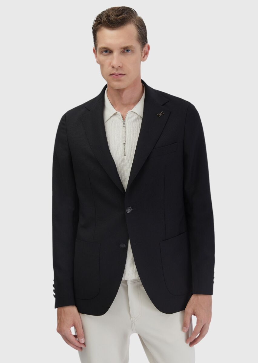 Black Plain Comfort Fit 100% Wool Jacket - 3