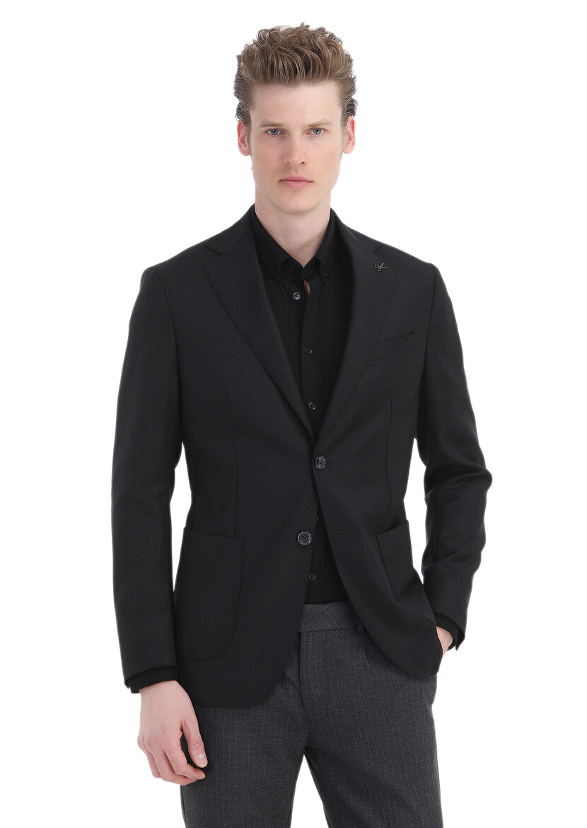 Black Plain Comfort Fit 100% Wool Jacket - 1