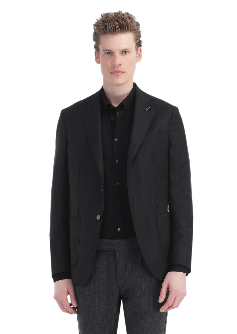 Black Plain Comfort Fit 100% Wool Jacket - 3