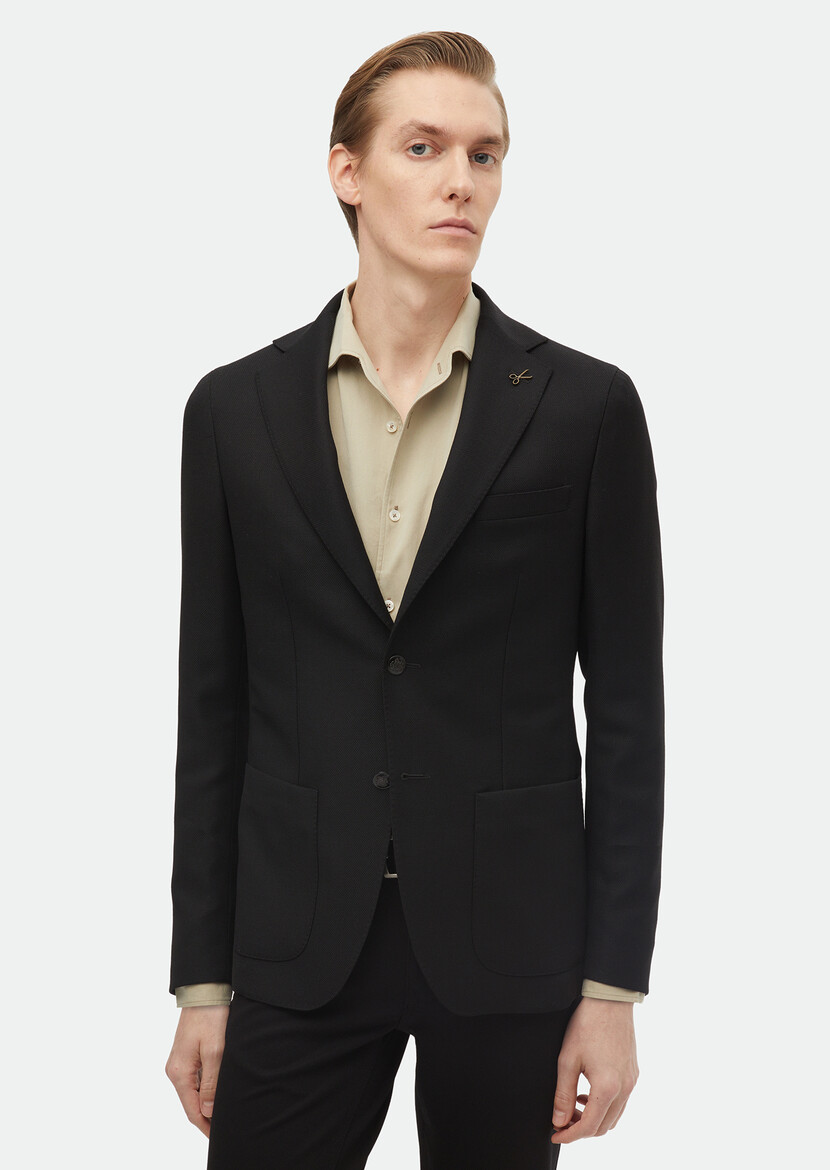 Black Plain Comfort Fit 100% Wool Jacket - 2