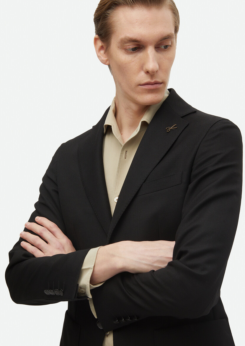 Black Plain Comfort Fit 100% Wool Jacket - 4