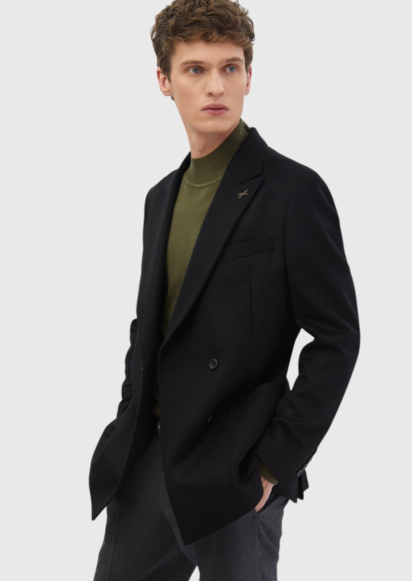 Black Plain Comfort Fit 100% Wool Jacket - 3