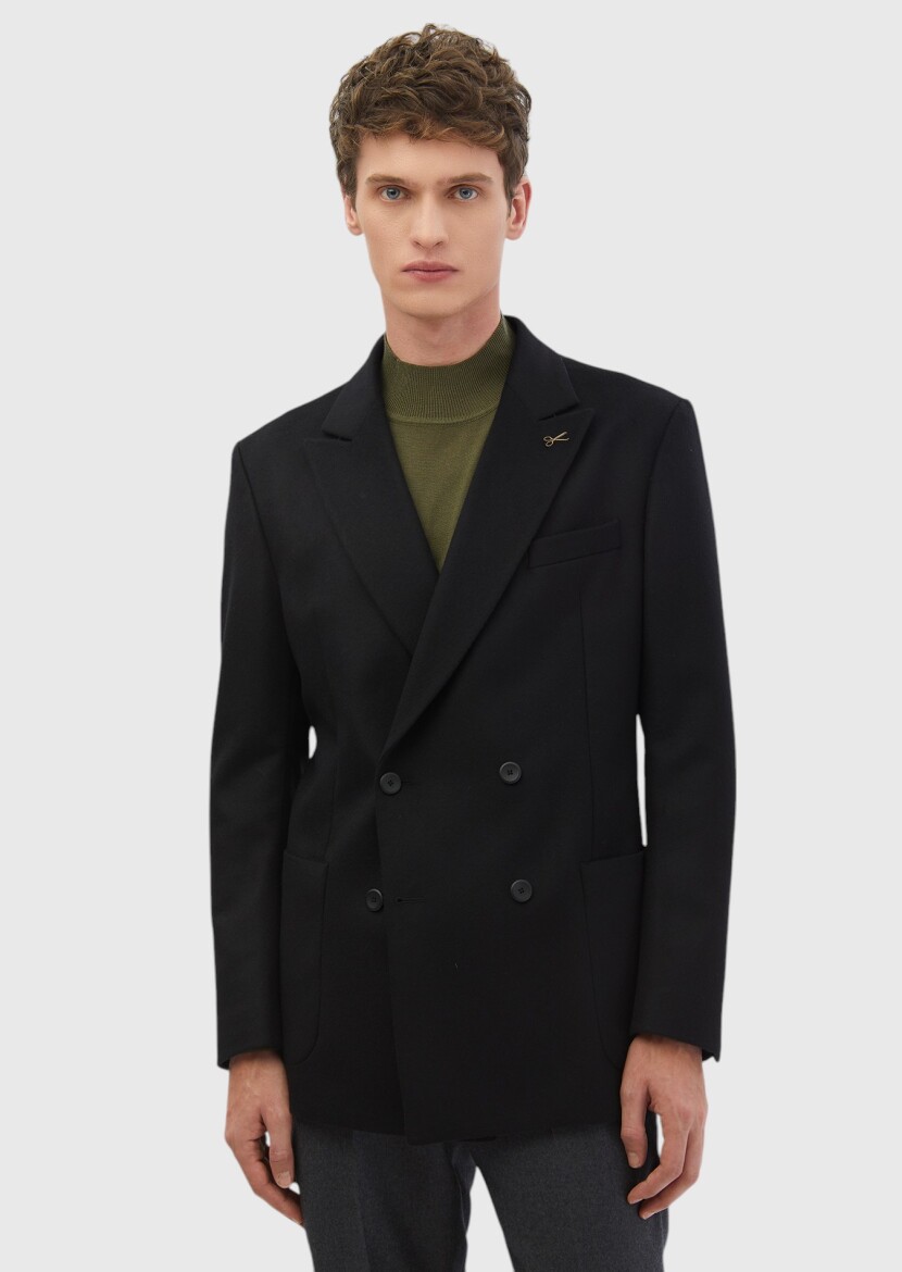 Black Plain Comfort Fit 100% Wool Jacket - 1