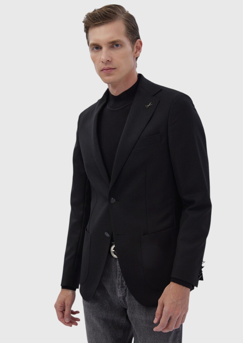 Black Plain Comfort Fit 100% Wool Jacket - 1