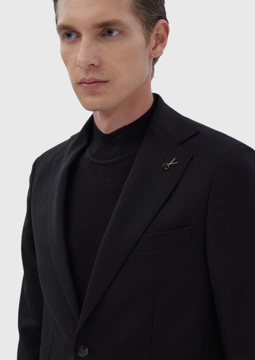 Black Plain Comfort Fit 100% Wool Jacket - 3