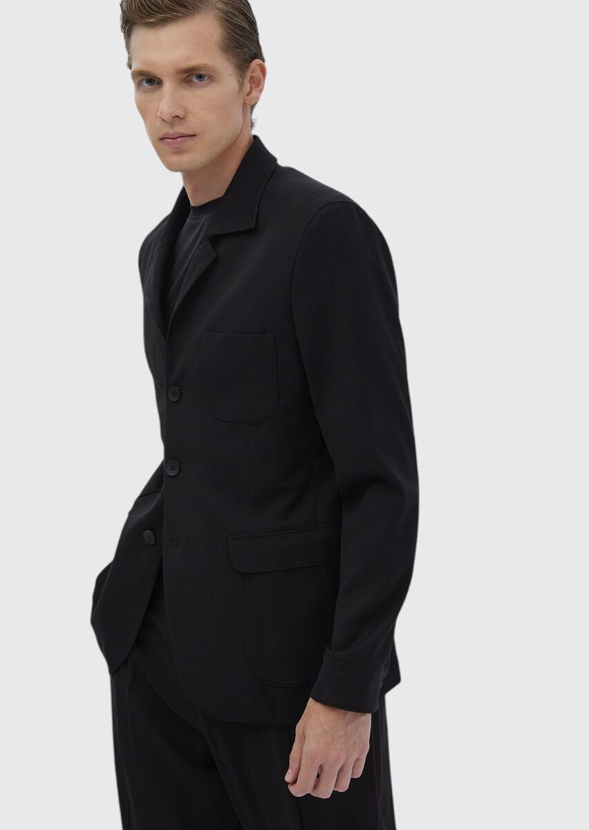 Black Plain Comfort Fit Wool Blended Suit - 4