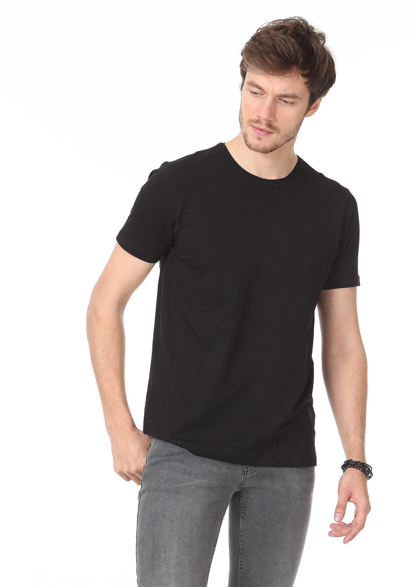 Black Plain Cotton Blended T-Shirt - 1