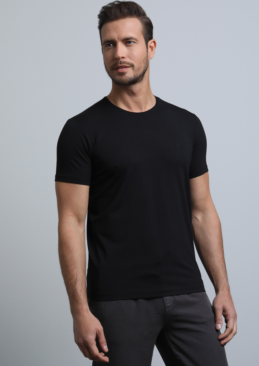 Black Plain Cotton Blended T-Shirt - 4