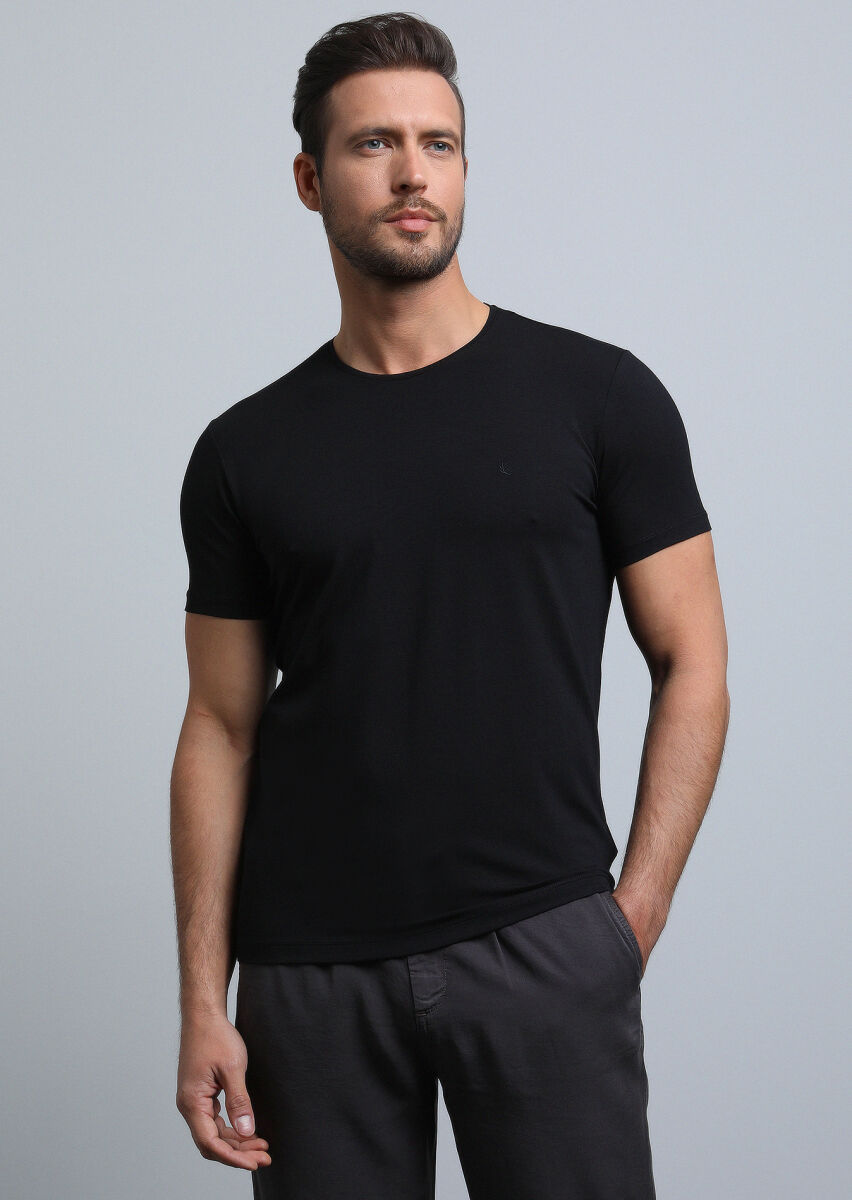 Black Plain Cotton Blended T-Shirt - 1