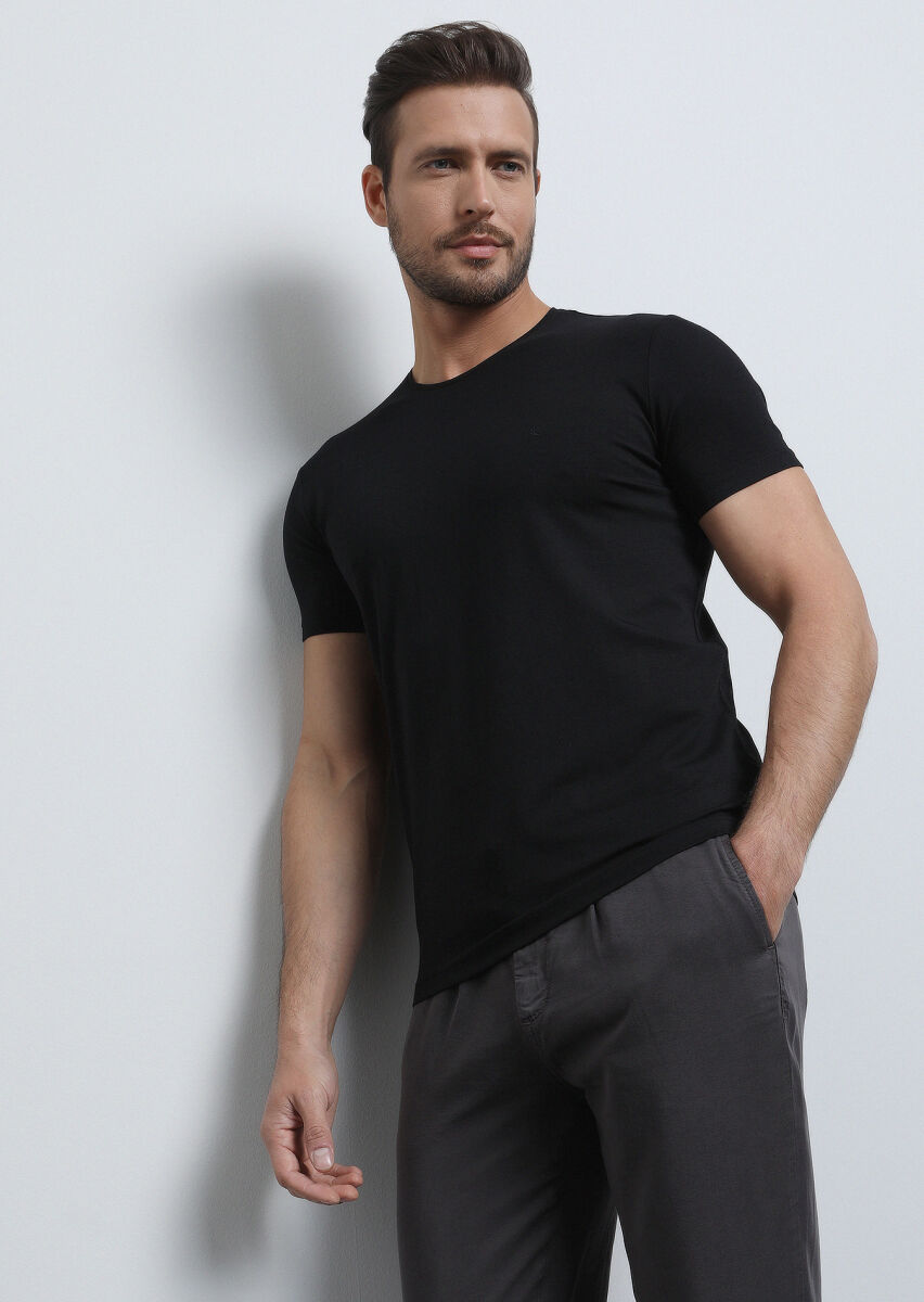 Black Plain Cotton Blended T-Shirt - 3