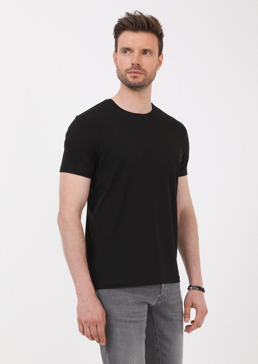 Black Plain Cotton Blended T-Shirt - 3