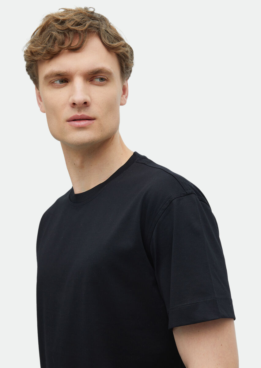 Black Plain Crew Neck 100% Cotton T-Shirt - 3