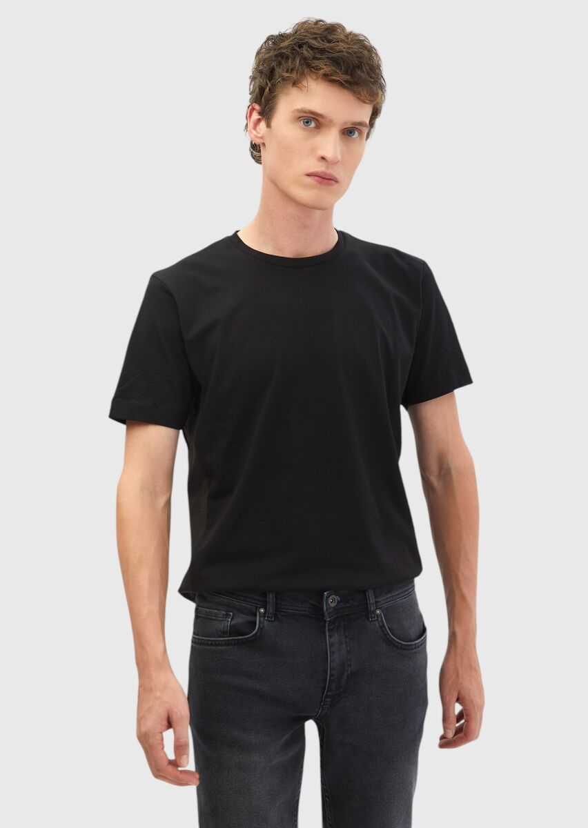 Black Plain Crew Neck 100% Cotton T-Shirt - 1