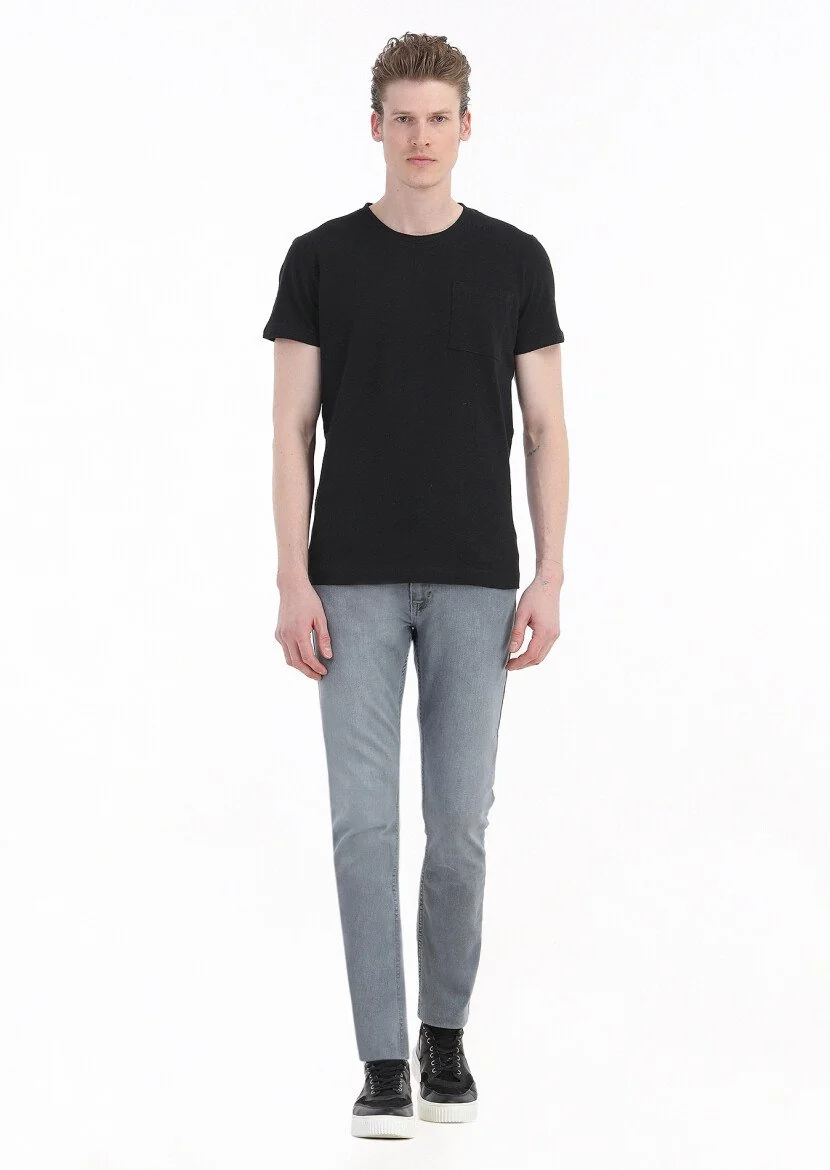 Black Plain Crew Neck 100% Linen T-Shirt - 1