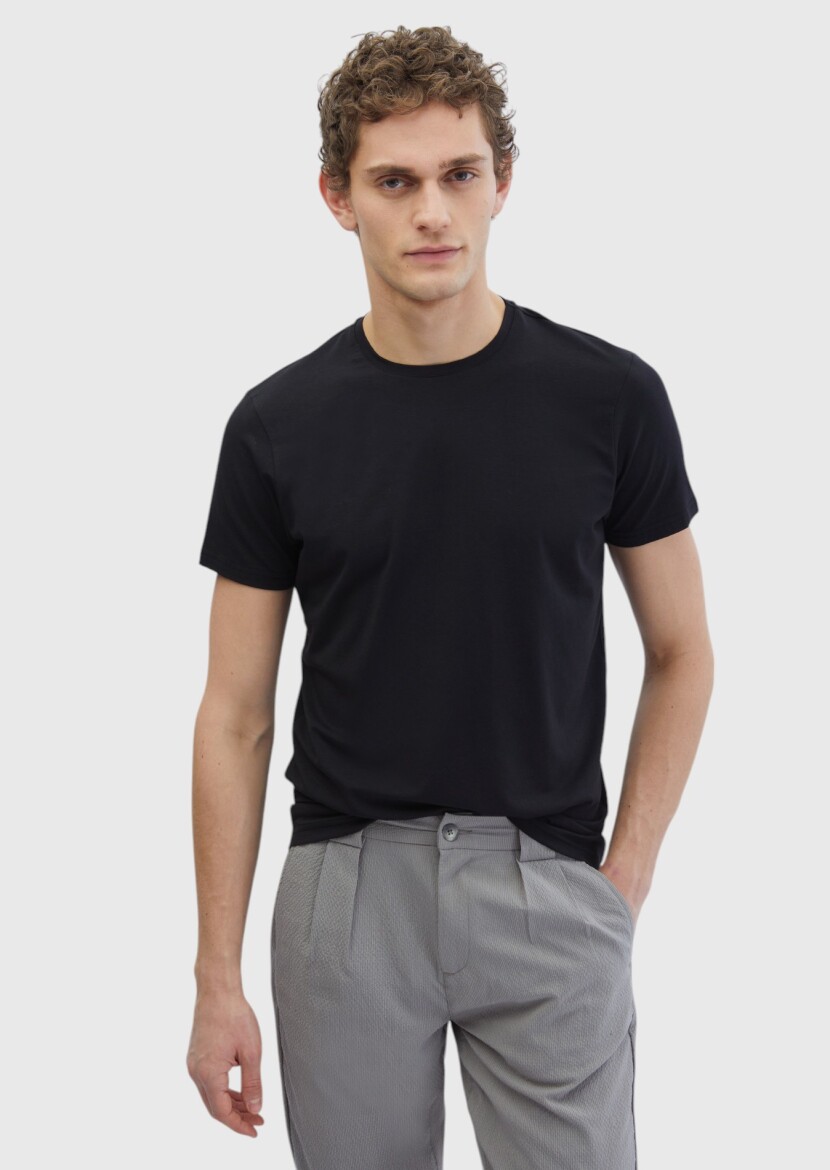 Black Plain Crew Neck Cotton Blended T-Shirt 