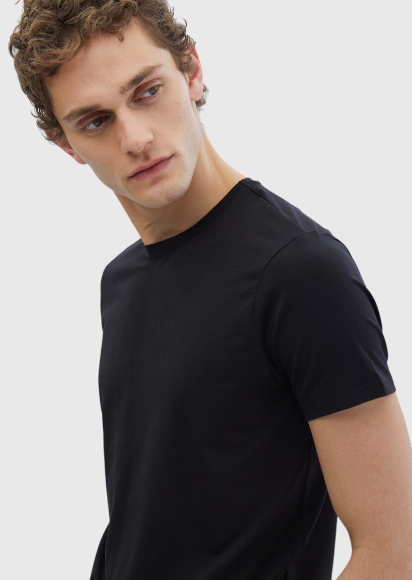 Black Plain Crew Neck Cotton Blended T-Shirt - 3