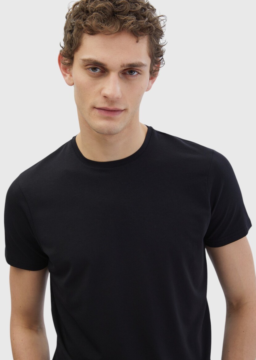 Black Plain Crew Neck Cotton Blended T-Shirt - 4