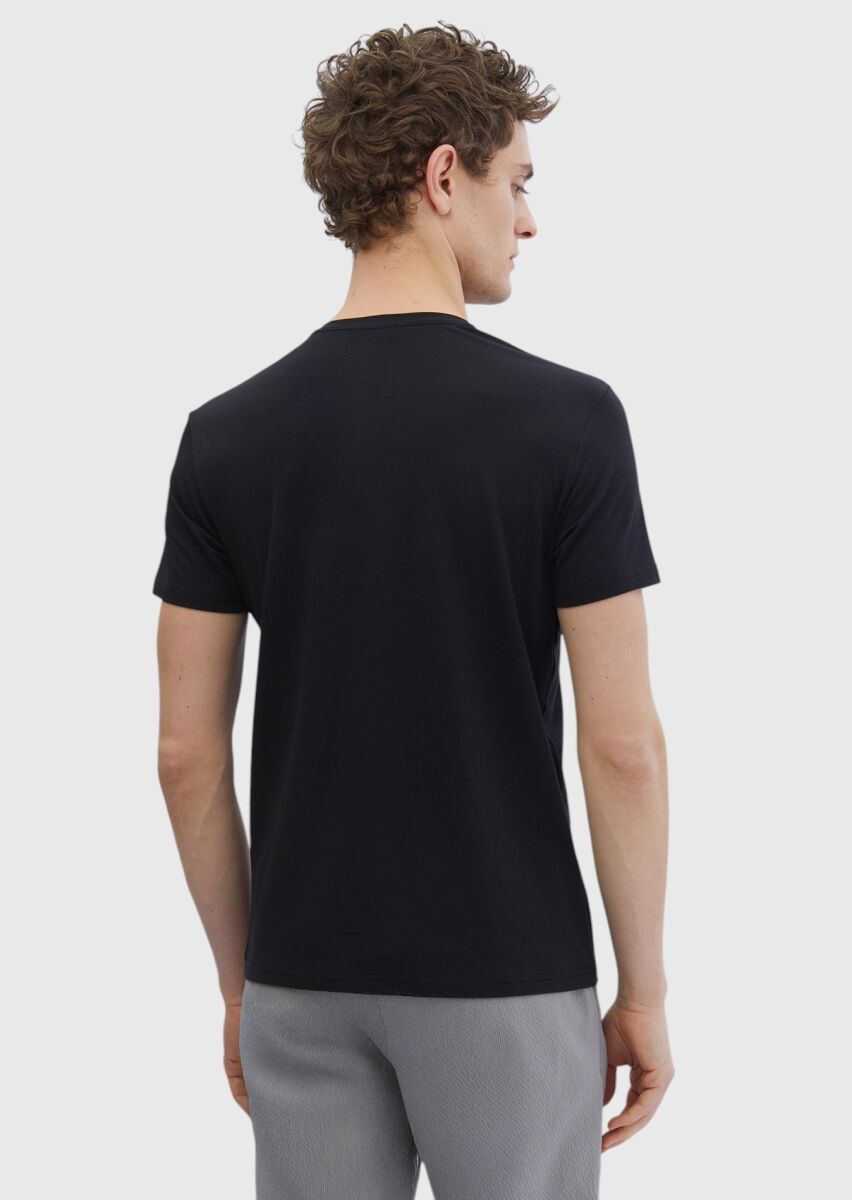 Black Plain Crew Neck Cotton Blended T-Shirt - 5