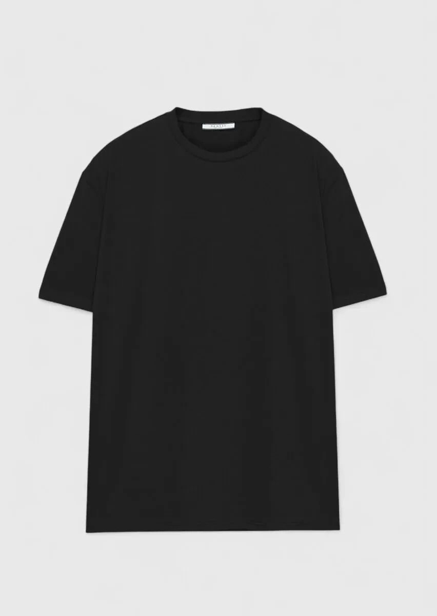 Black Plain Crew Neck Cotton Blended T-Shirt - 1