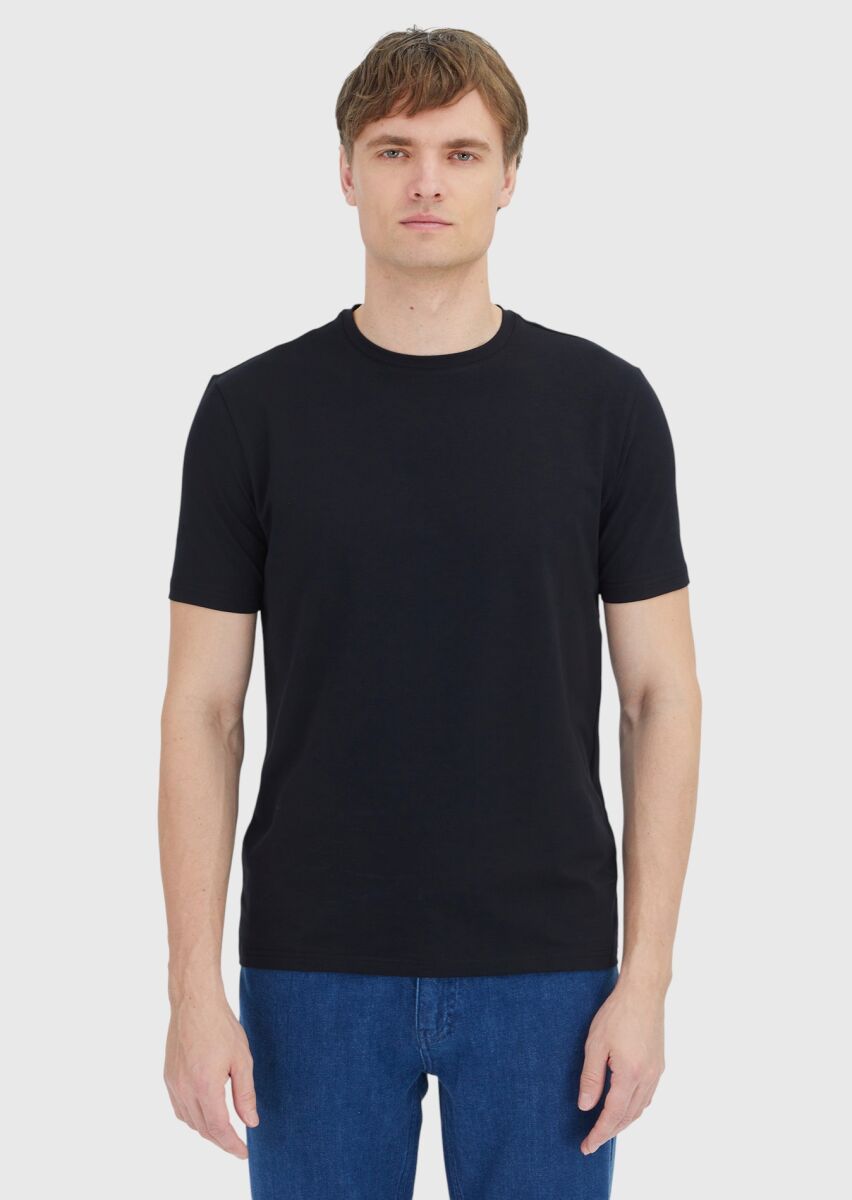 Black Plain Crew Neck Cotton Blended T-Shirt - 1
