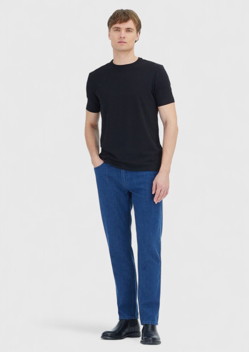 Black Plain Crew Neck Cotton Blended T-Shirt - 2