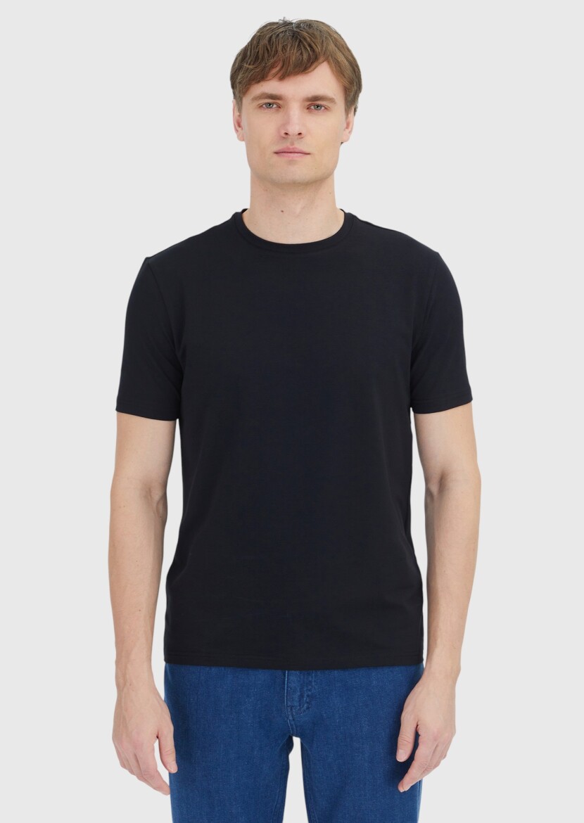 Black Plain Crew Neck Cotton Blended T-Shirt - RAMSEY