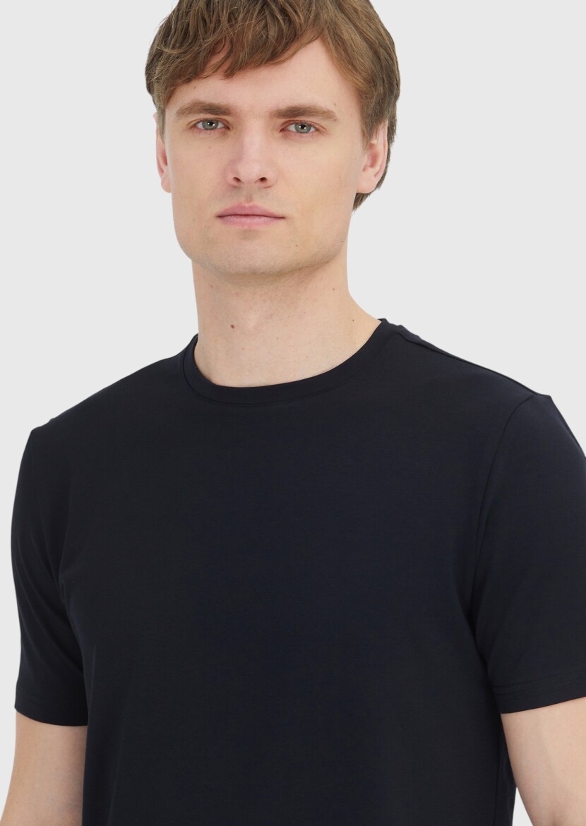 Black Plain Crew Neck Cotton Blended T-Shirt - 3