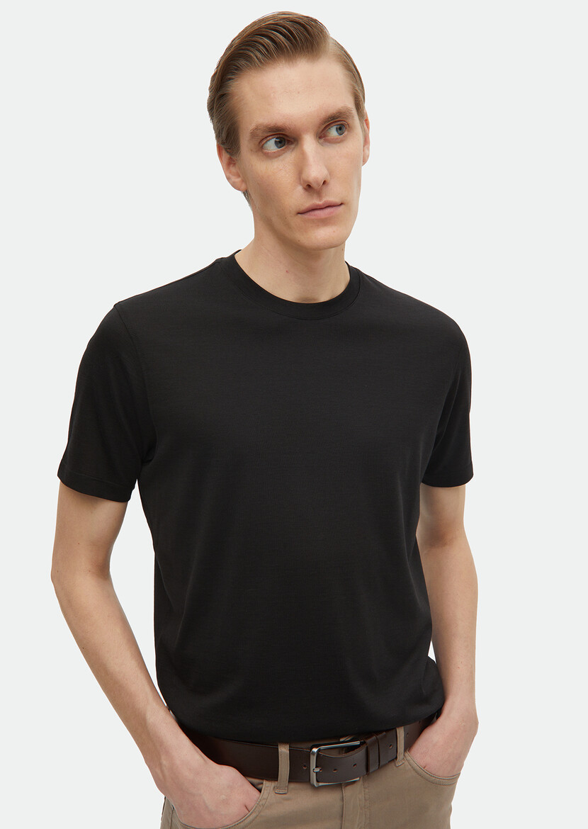 Black Plain Crew Neck Silk Blended T-Shirt 