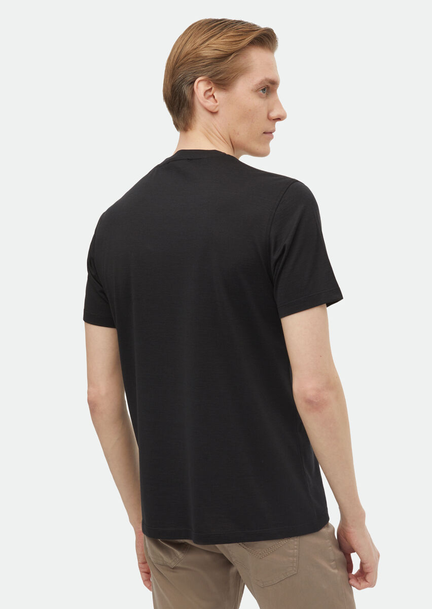 Black Plain Crew Neck Silk Blended T-Shirt - 4