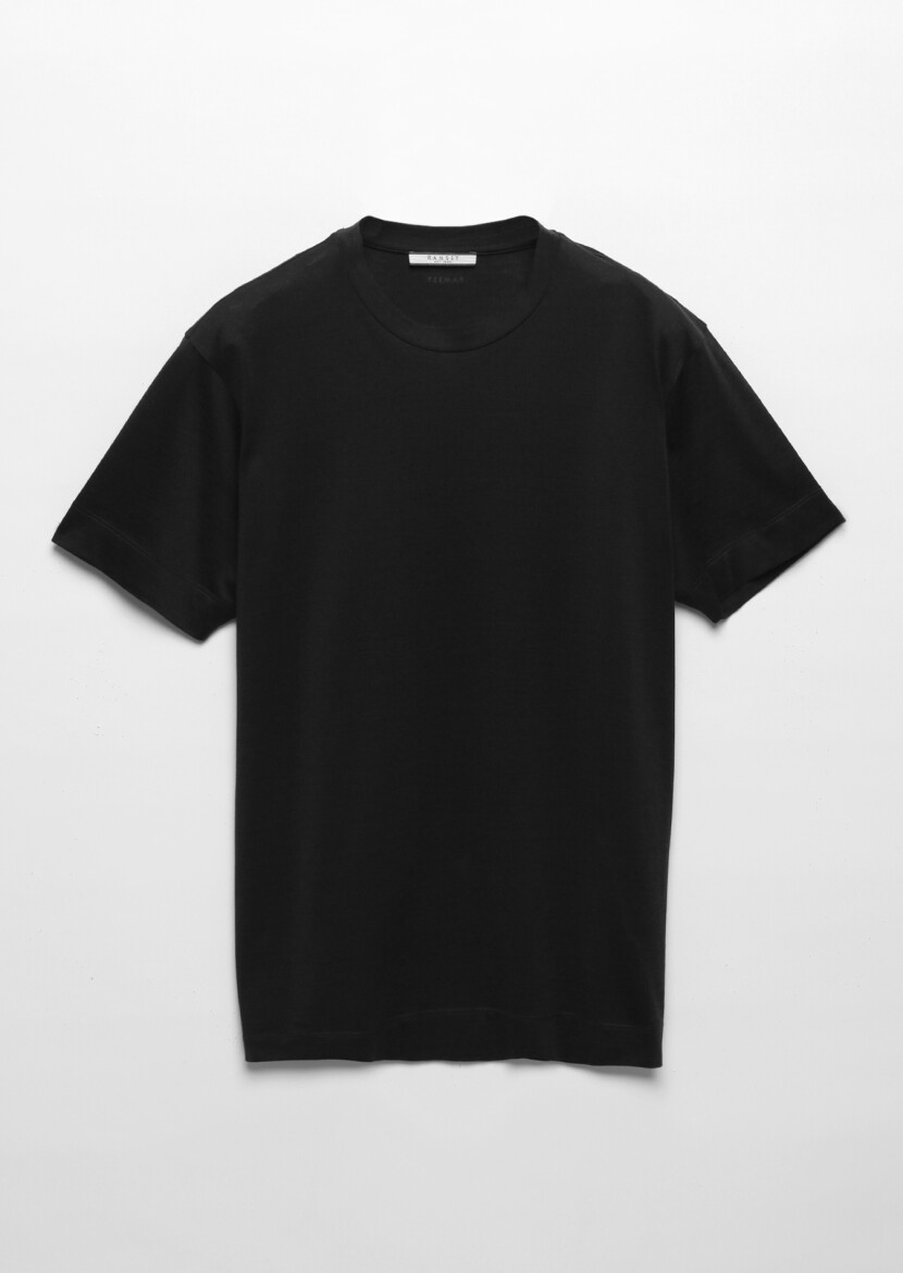 Black Plain Crew Neck Silk Blended T-Shirt - 5