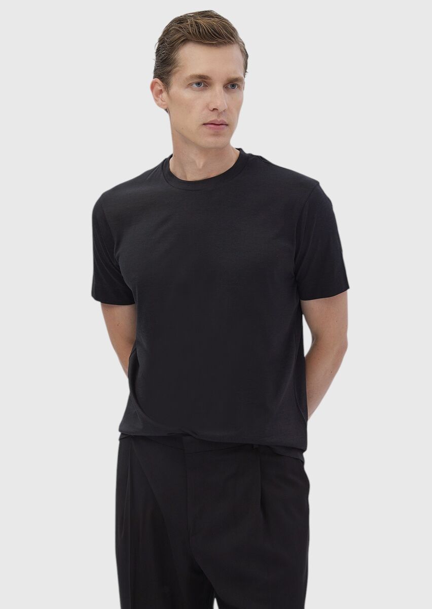 Black Plain Crew Neck Silk Blended T-Shirt - 3