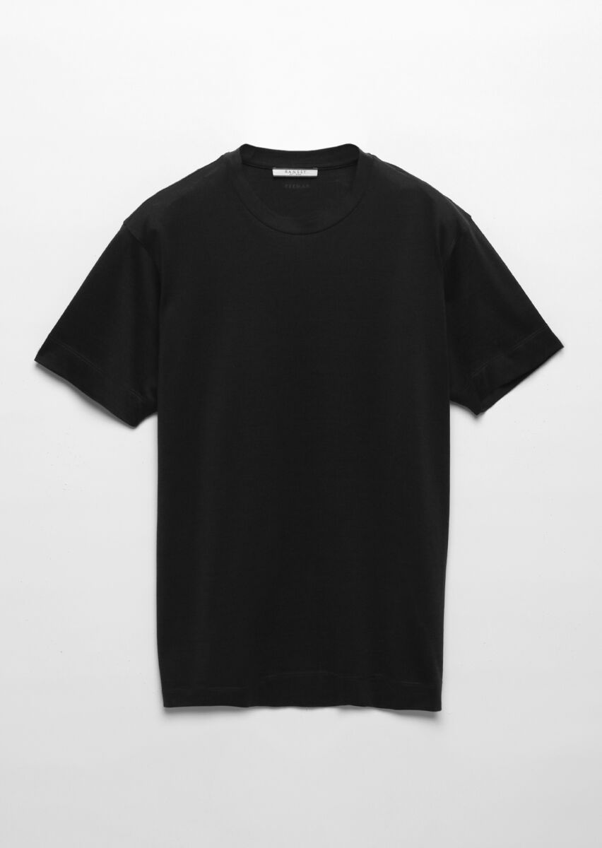 Black Plain Crew Neck Silk Blended T-Shirt - 5