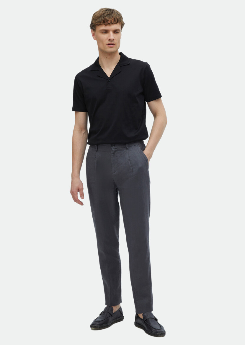 Black Plain Cuban Collar 100% Cotton T-Shirt 