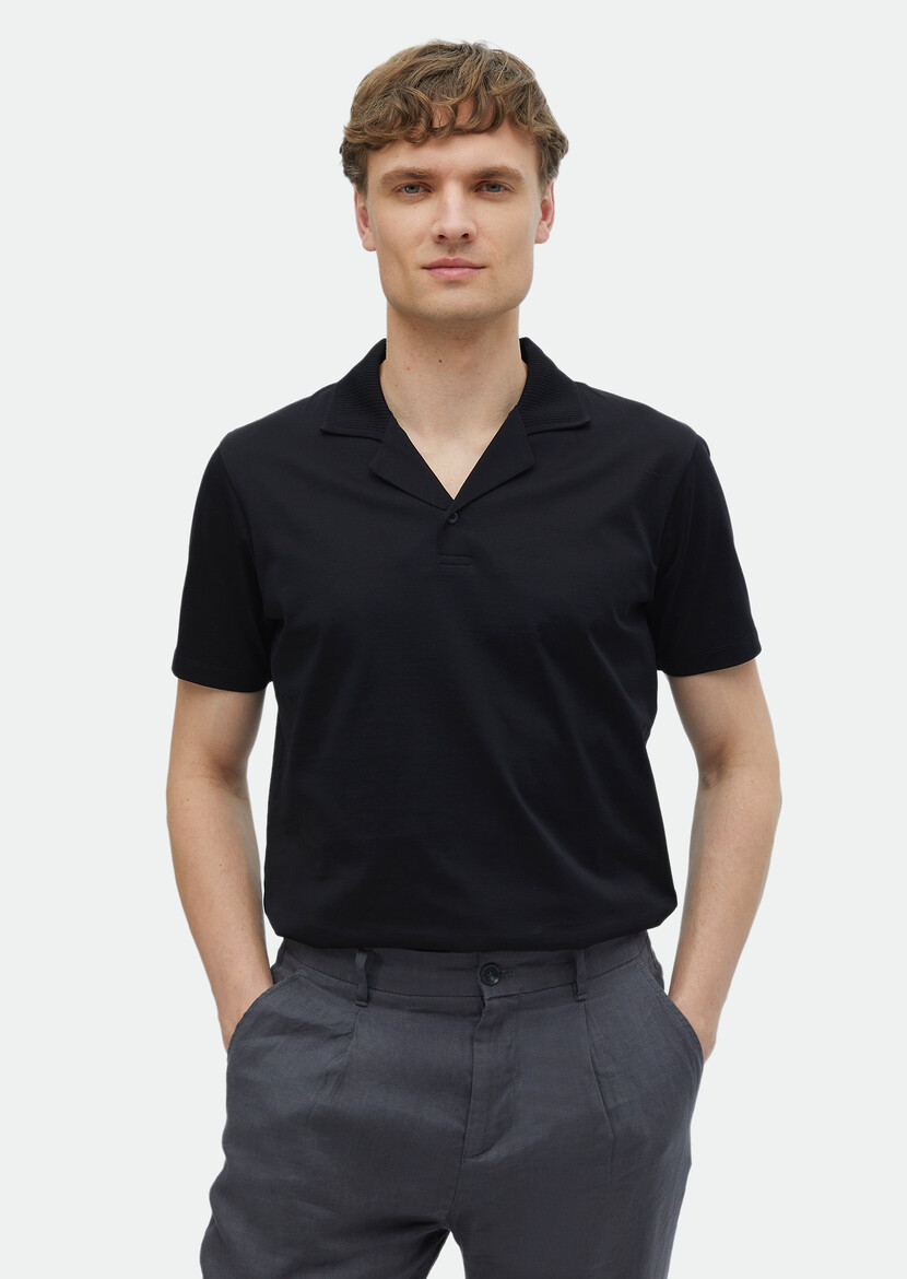 Black Plain Cuban Collar 100% Cotton T-Shirt 