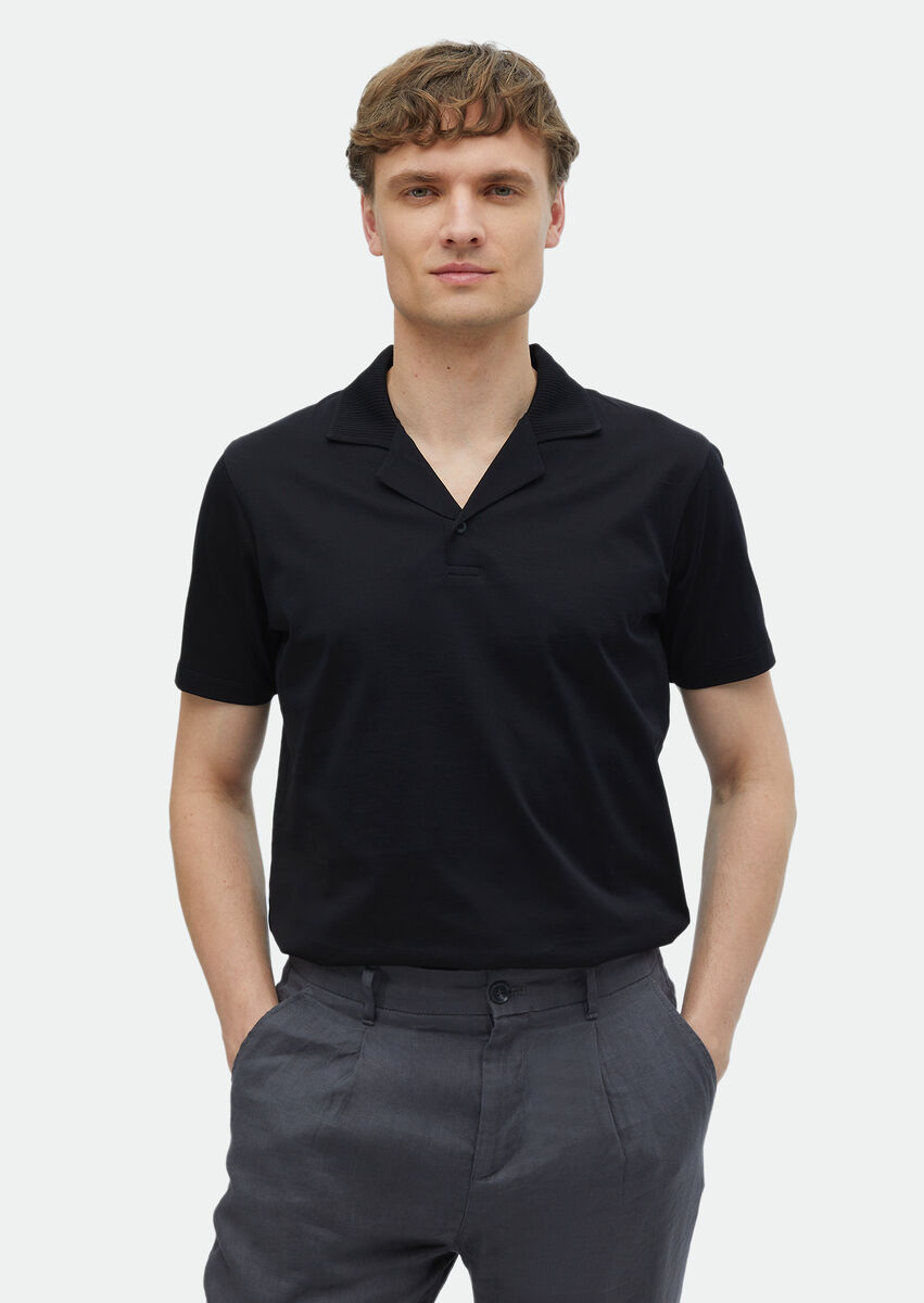 Black Plain Cuban Collar 100% Cotton T-Shirt - 1