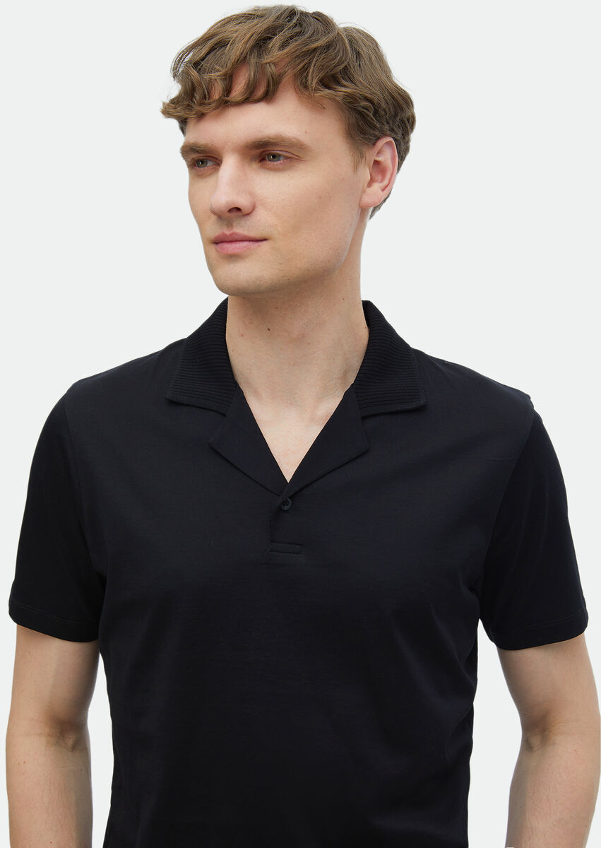 Black Plain Cuban Collar 100% Cotton T-Shirt - 3