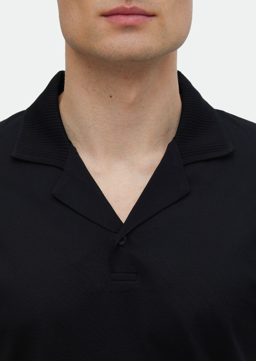 Black Plain Cuban Collar 100% Cotton T-Shirt - 4