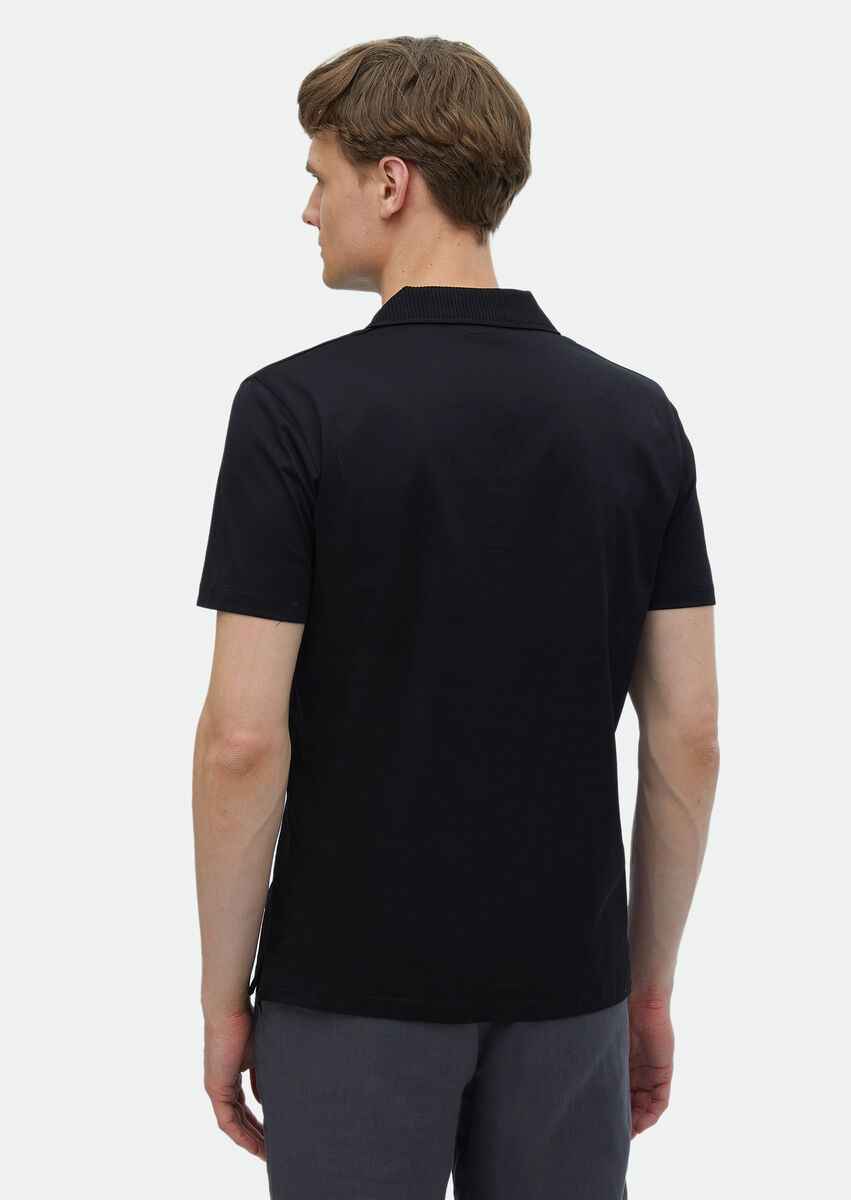 Black Plain Cuban Collar 100% Cotton T-Shirt - 5