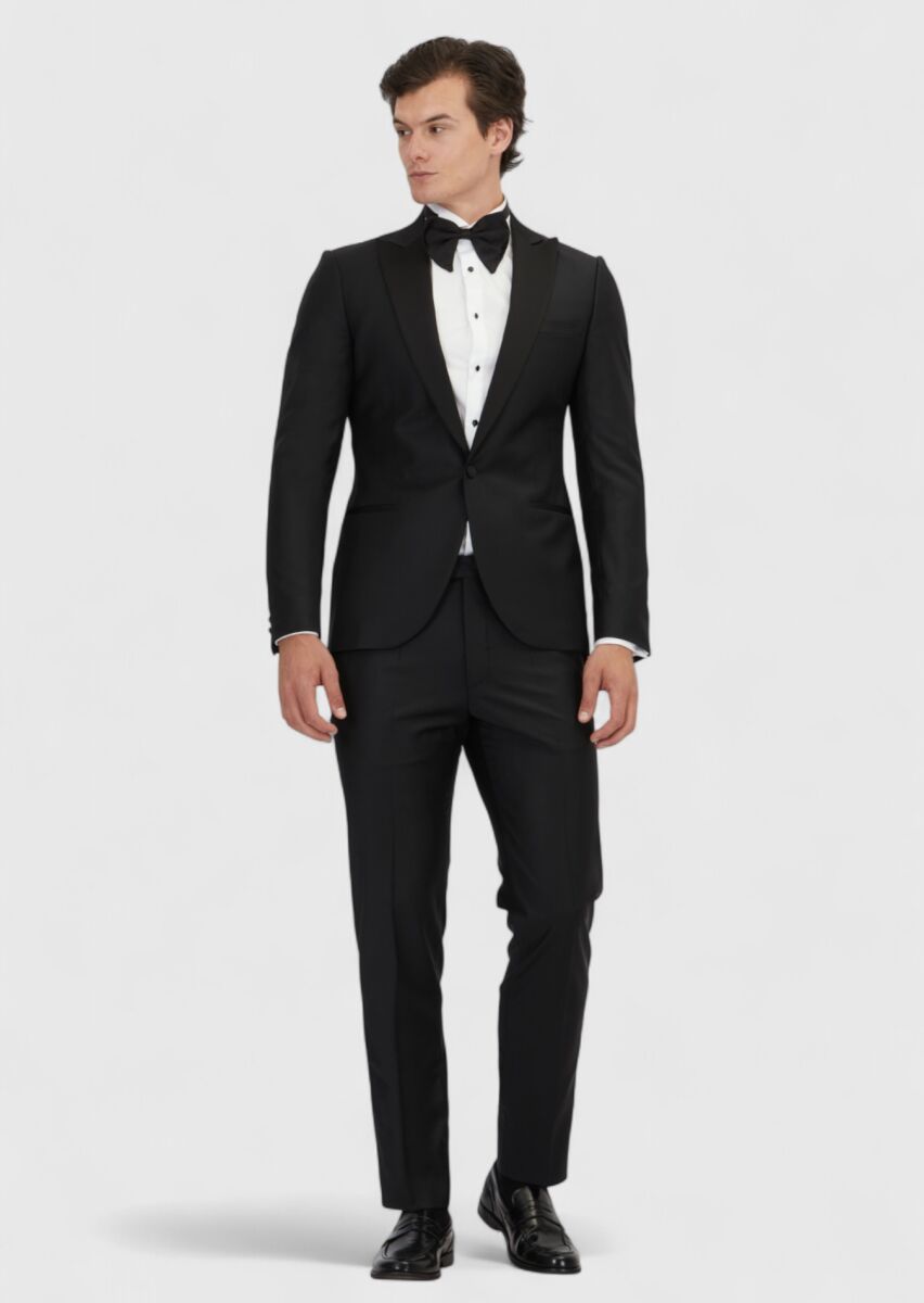 Black Plain Fashion Slim Fit Double Breasted Collar Weaving Tuxedo - 2