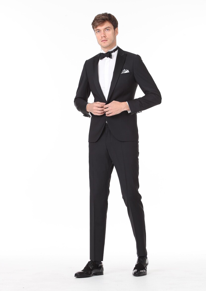 Black Plain Fashion Slim Fit Double Breasted Collar Weaving Tuxedo - 1