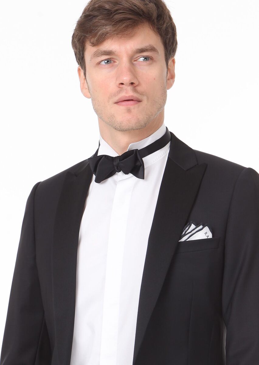 Black Plain Fashion Slim Fit Double Breasted Collar Weaving Tuxedo - 3