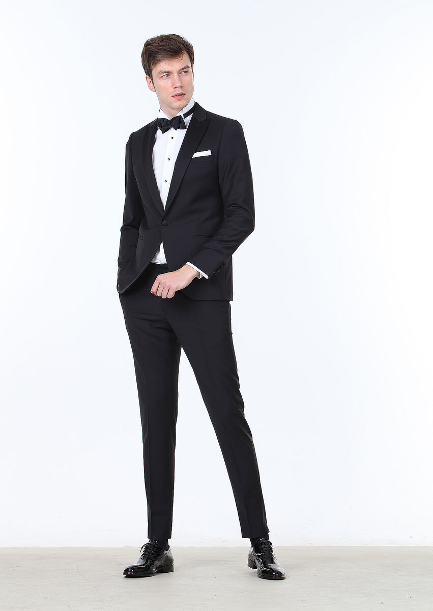 Black Plain Fashion Slim Fit Double Breasted Collar Weaving Tuxedo - 1