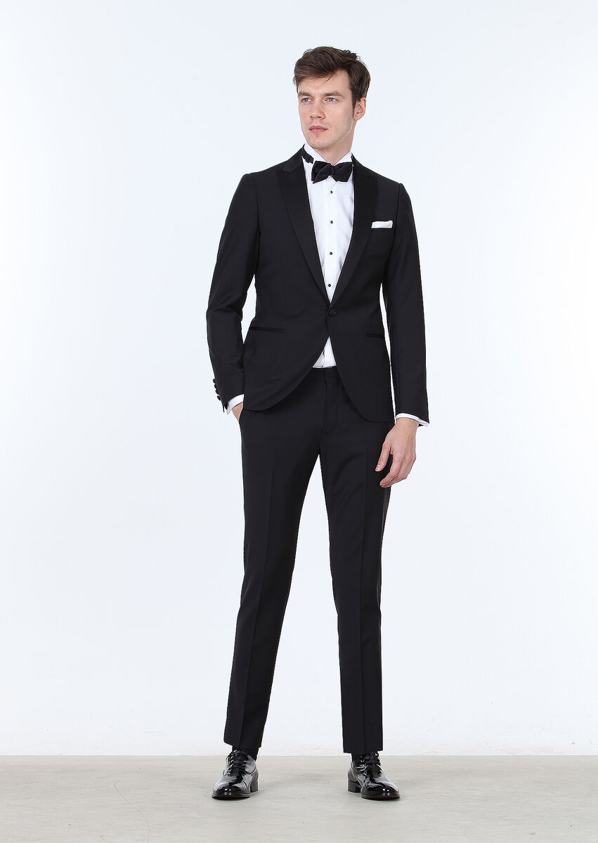 Black Plain Fashion Slim Fit Double Breasted Collar Weaving Tuxedo - 2