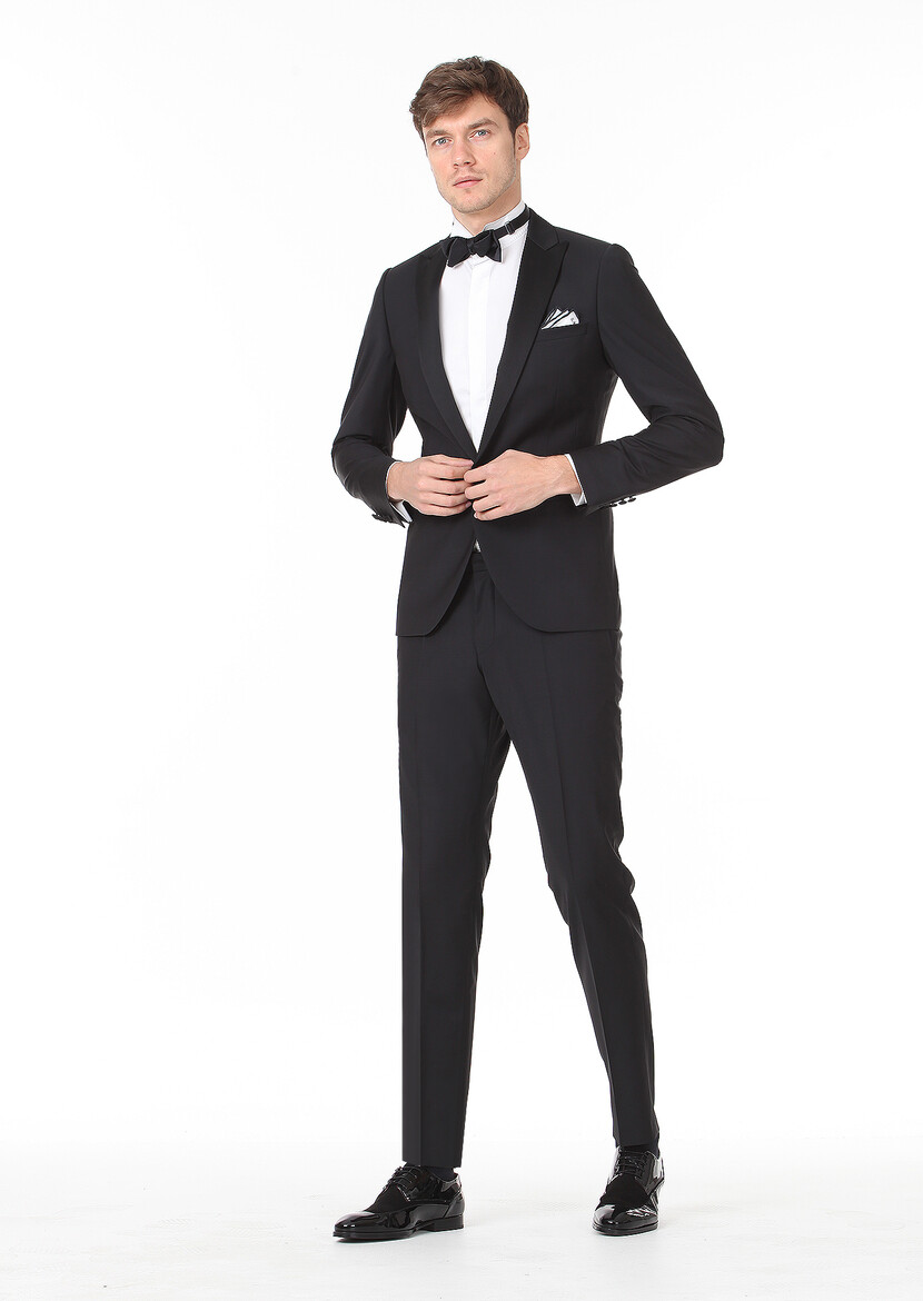 Black Plain Fashion Slim Fit Double Breasted Collar Weaving Tuxedo - 3