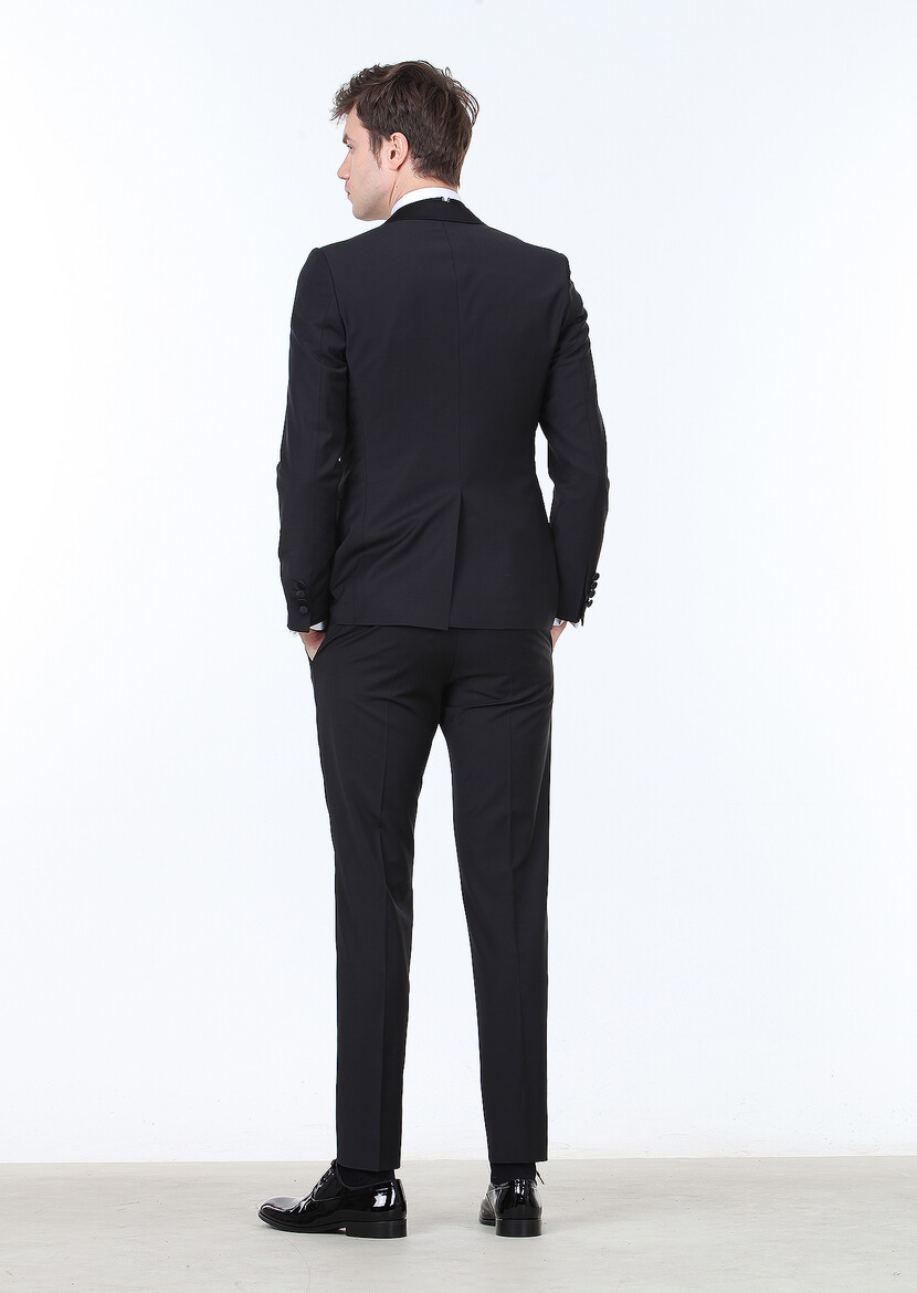 Black Plain Fashion Slim Fit Double Breasted Collar Weaving Tuxedo - 4