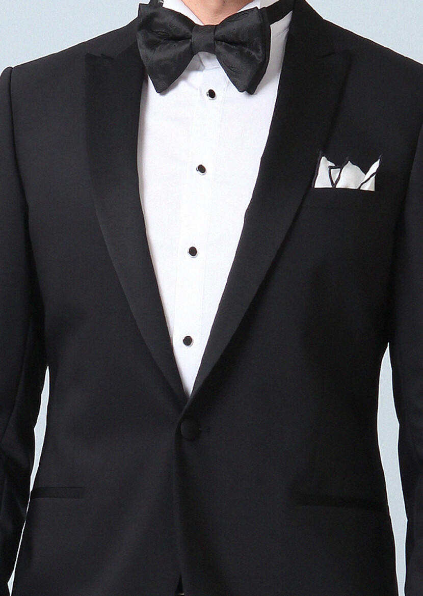 Black Plain Fashion Slim Fit Double Breasted Collar Weaving Tuxedo - 2